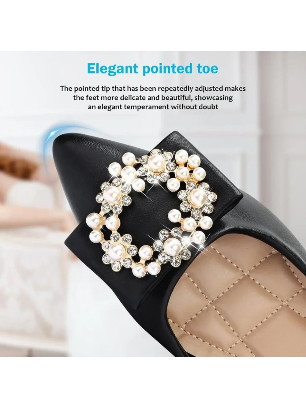 Women's 02-Black Pointed Toe Pearl Flats Comfort Non Slip Soft Sole Office Shoes